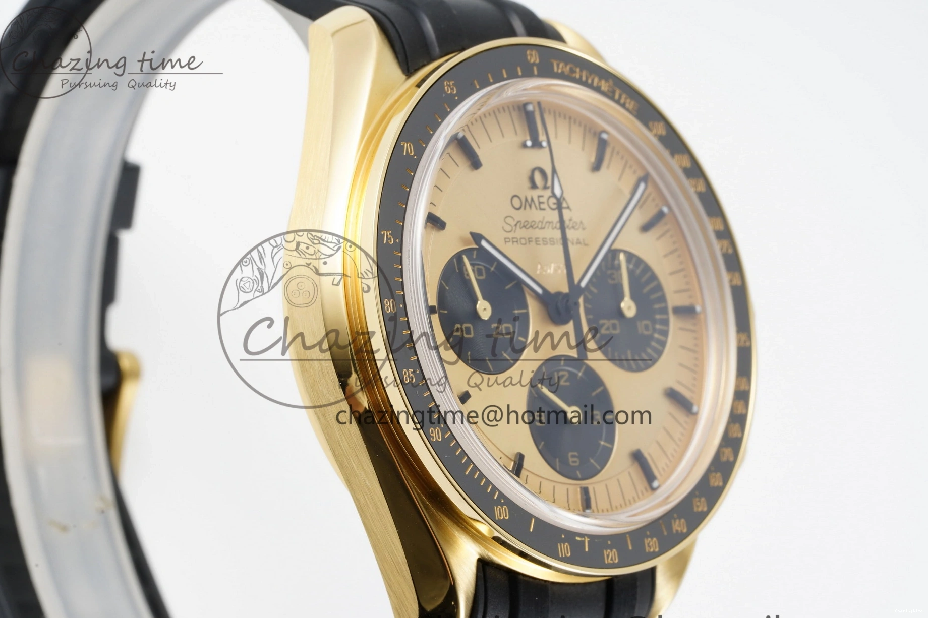 0327 TimelessDesign Speedmaster Moonwatch in Moonshine Gold YG RMF Best Edition YG Dial on Black Rubber Strap Manual Chrono 7834